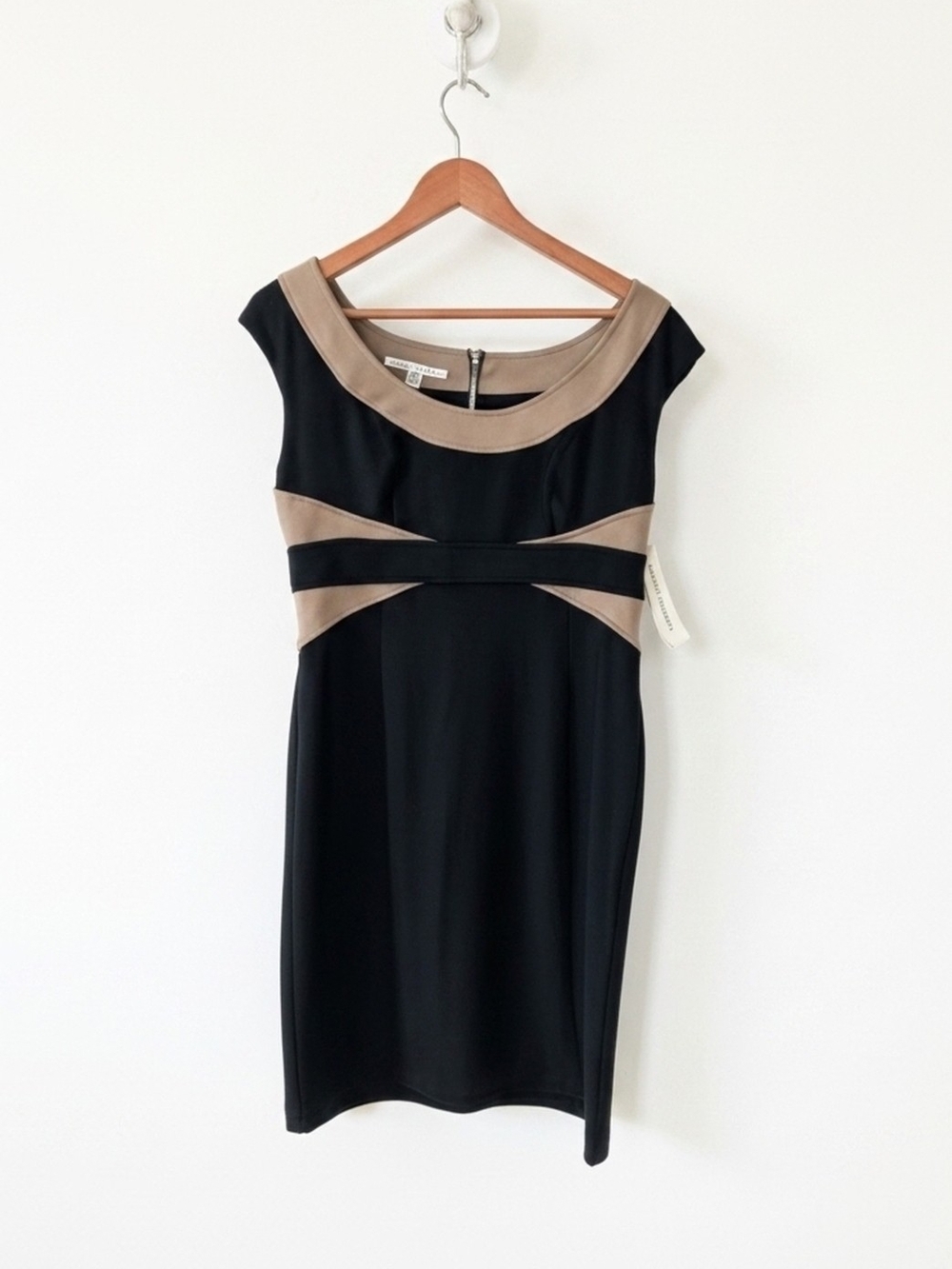 NEW! Maggy London Black and Taupe Contrast Cap-Sleeve Sheath Dress 14